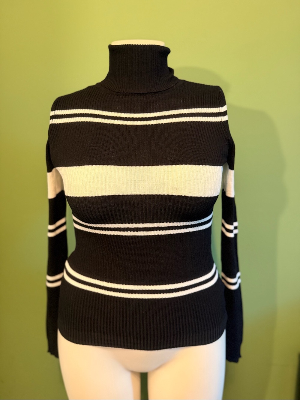 GIVINGZ Turtleneck Ribbed Stripe Sweater - Black & White small